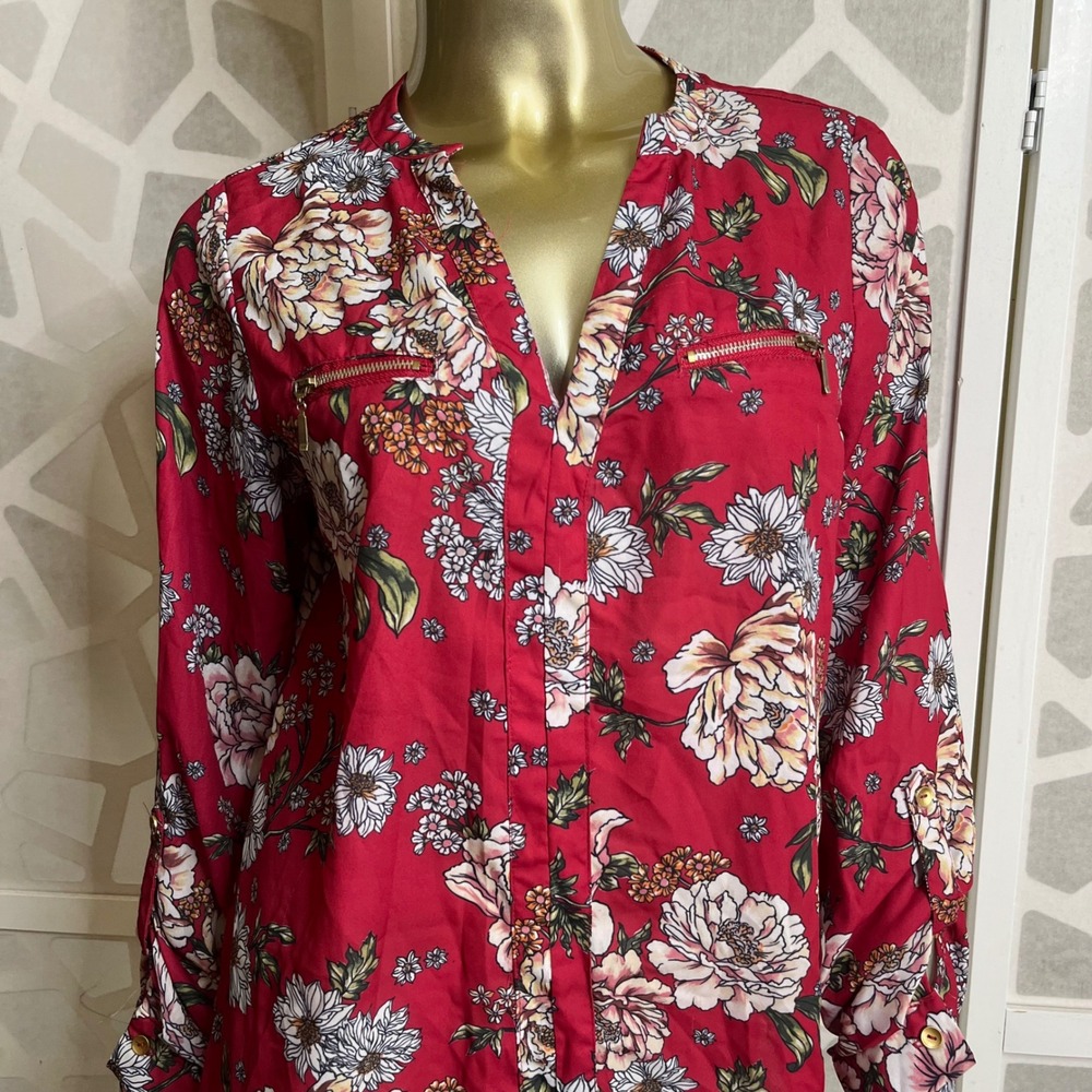 Red Floral Blouse Women's Large Elegant Gold Zipper Boho Office Career Chic